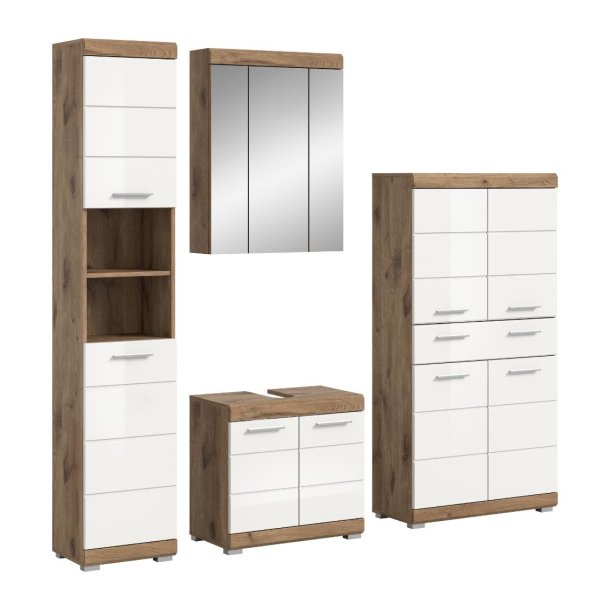 Wave Badmbelset W3 Wei hochglanz, Eiche Dekor.