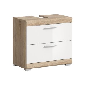 Lambada Waschbeckenunterschrank 2 Tren, 2 Schubladen, 2 Regale Wei hochglanz, Eiche Dekor.