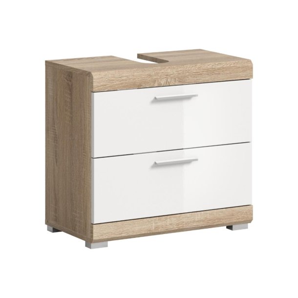 Lambada Waschbeckenunterschrank 2 Tren, 2 Schubladen, 2 Regale Wei hochglanz, Eiche Dekor.