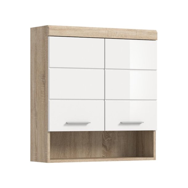 Lambada Badschrank Wandhngend 2 Tren, 3 Spiegeltren, 1 Regal Wei hochglanz, Eiche Dekor.