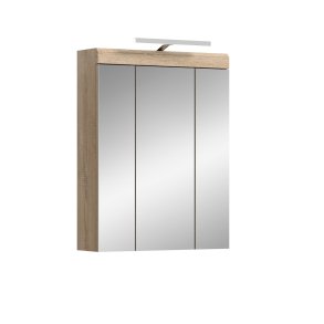 Lambada Spiegelschrank Bad Inkl. Beleuchtung 2 Tren, 3 Spiegeltren, 3 Regale Wei hochglanz, Eiche Dekor.