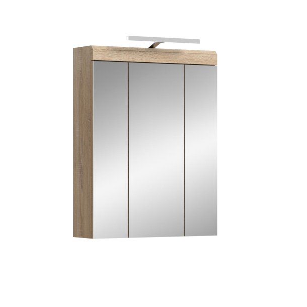 Lambada Spiegelschrank Bad Inkl. Beleuchtung 2 Tren, 3 Spiegeltren, 3 Regale Wei hochglanz, Eiche Dekor.