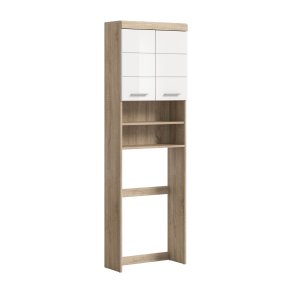 Lambada Waschmaschinenschrank 2 Tren, 2 Schubladen, 3 Regale Wei hochglanz, Eiche Dekor.