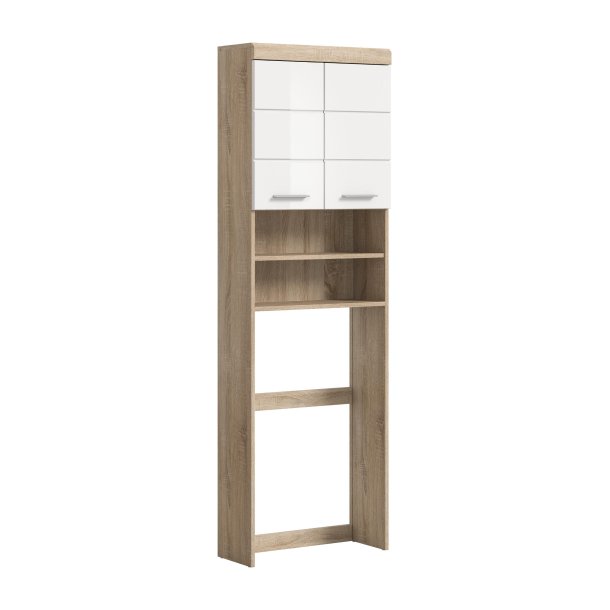 Lambada Waschmaschinenschrank 2 Tren, 2 Schubladen, 3 Regale Wei hochglanz, Eiche Dekor.