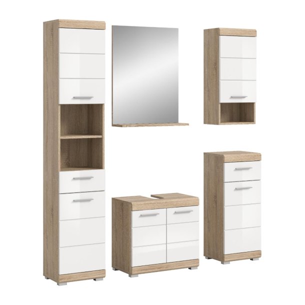 Lambada Badmbelset L25 Wei hochglanz, Eiche Dekor.