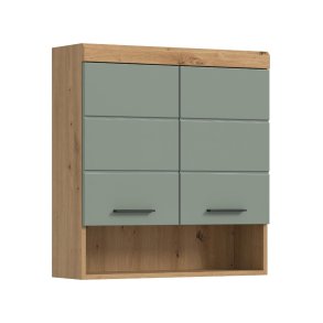 Scout Badschrank Wandhngend 2 Tren, 3 Spiegeltren, 1 Regal Salbeidekor, Eiche Dekor.