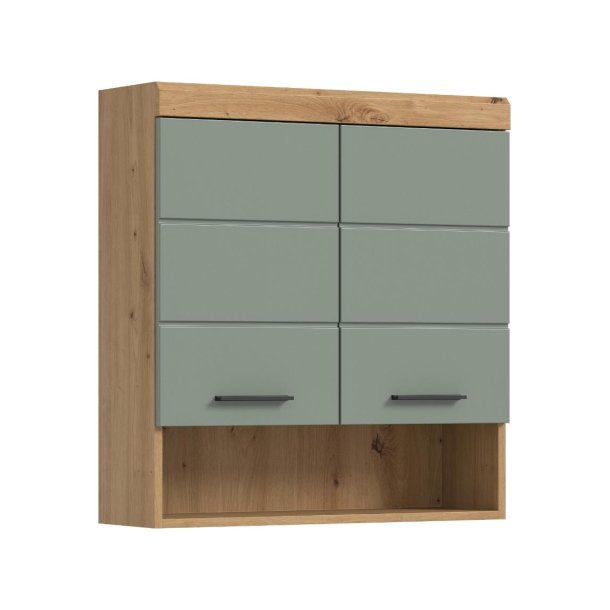 Scout Badschrank Wandhngend 2 Tren, 3 Spiegeltren, 1 Regal Salbeidekor, Eiche Dekor.