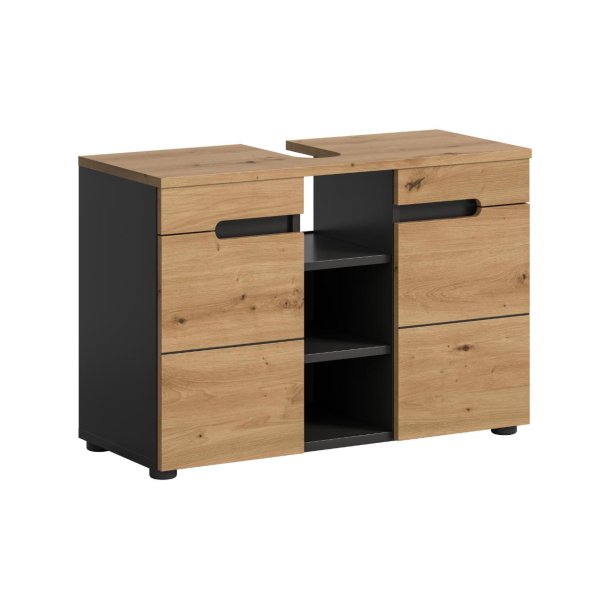 Canu Waschbeckenunterschrank 2 Tren, 3 Regale Eiche Dekor, grau.