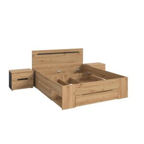 Canu Schlafzimmer-Set Bett 140x200 cm 3 Schubladen, 2 Nachttische grau, Eiche Dekor.