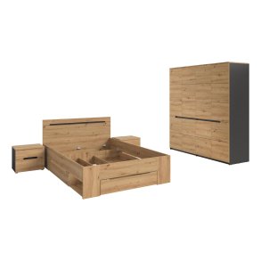 Canu Schlafzimmer-Set Bett 140x200 cm mit Stauraum, 2 Nachttische, 1 Schrank grau, Eiche Dekor.