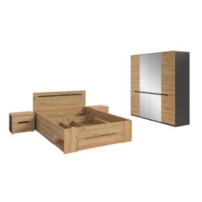 Canu Schlafzimmer-Set Bett 140x200 cm mit Stauraum, 2 Nachttische, 1 Schrank Spiegel grau, Eiche Dekor.