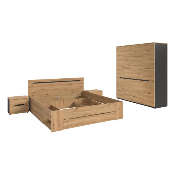 Canu Schlafzimmer-Set Bett 180x200 cm mit Stauraum, 2 Nachttische, 1 Schrank grau, Eiche Dekor.