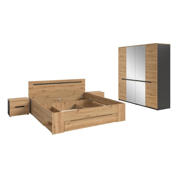 Canu Schlafzimmer-Set Bett 180x200 cm mit Stauraum, 2 Nachttische, 1 Schrank Spiegel grau, Eiche Dekor.