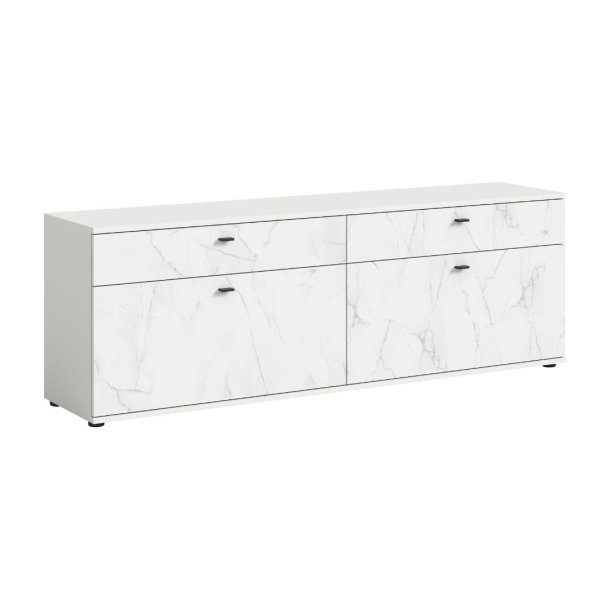 Stone TV Tisch 2 Klappentüren, 2 Schubladen Marmor Dekor weiß.