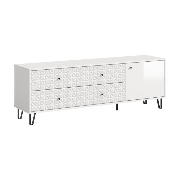 Prisma stolik TV 2 szuflady, 1 drzwi białe, biały wysoki połysk.