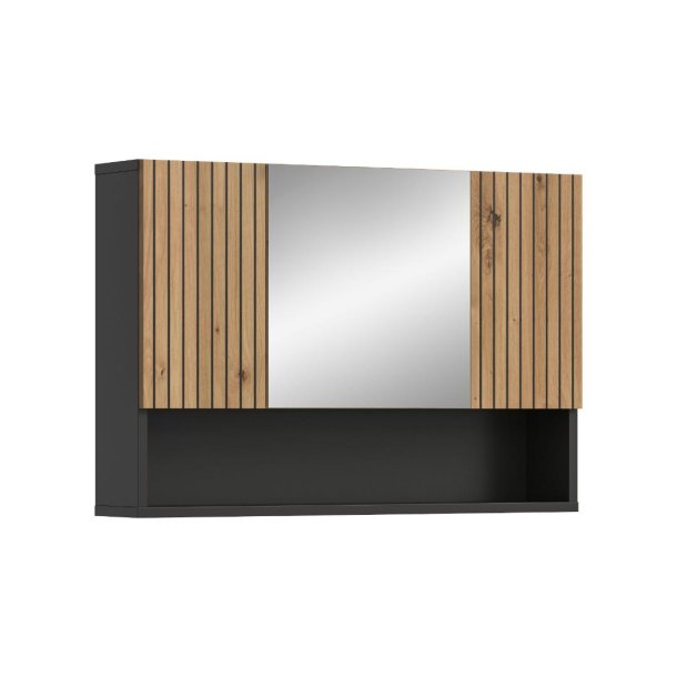 Mone Spiegelschrank Bad 2 Tren, 1 Spiegeltr, 1 Regal Eiche Dekor, dunkelgrau.