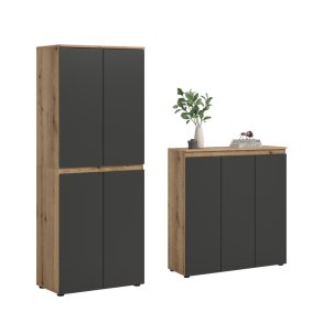 Scarpa Schlafzimmer-Set Kleiderschrank und Sideboard, 7 T�ren Eiche Dekor, Anthrazit.
