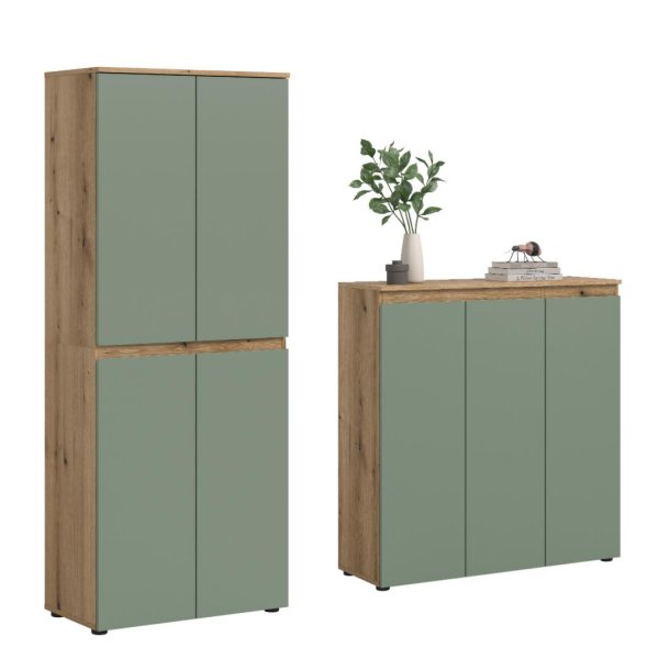 Scarpa Sovrum set garderob och sk�nk, 7 luckor ek dekor, dammig gr�n.