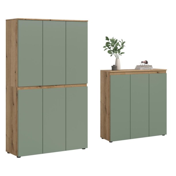 Scarpa ensemble de chambre à coucher armoire et buffet, 9 portes chêne décor, vert poussiéreux.