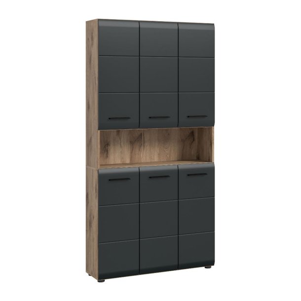 Ice Badschrank 6 Tren, 1 Regal Schwarz matt, Eiche Dekor.