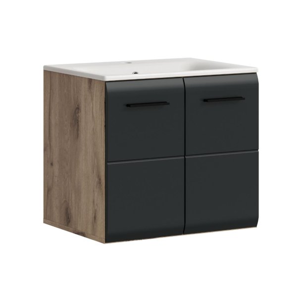 Ice Waschbeckenunterschrank Inkl. Waschbecken 2 Tren Schwarz matt, Eiche Dekor.