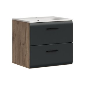 Ice Waschbeckenunterschrank Inkl. Waschbecken 2 Schubladen Schwarz matt, Eiche Dekor.