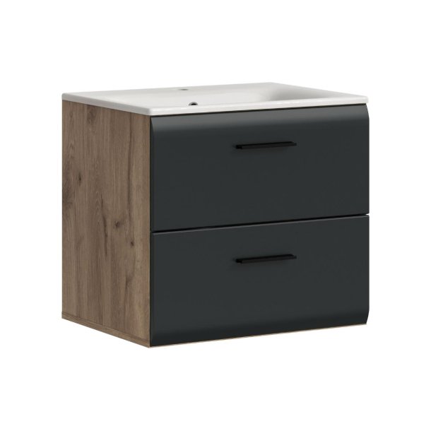 Ice Waschbeckenunterschrank Inkl. Waschbecken 2 Schubladen Schwarz matt, Eiche Dekor.