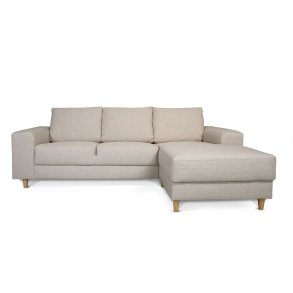 Nordic sofa med sjeselong hyrevent lyse beige.