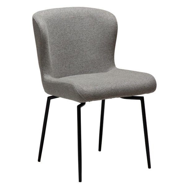 Glam Dan-Form spisestuestoler dreiebase bouclé lysebrun.