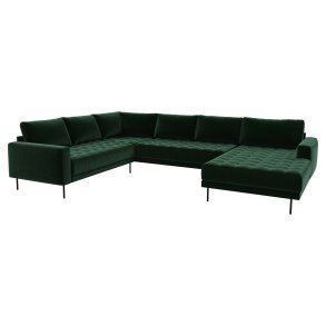 Rouge hjrnesofa med sjeselong og svarte ben.