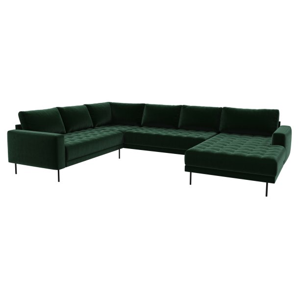 Rouge hjrnesofa med sjeselong og svarte ben.