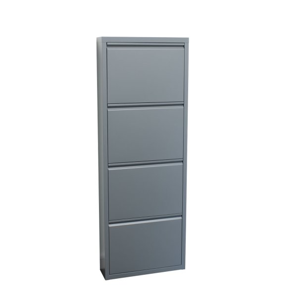 Pisa Schuhschrank mit 4 Klappen/Türen in Metall grau. Fertig montiert geliefert.