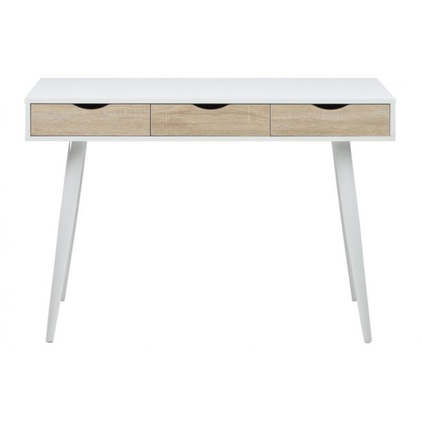 Skrivebord Nete i hvid med 3 skuffer i ege dekor og hvide metal ben.